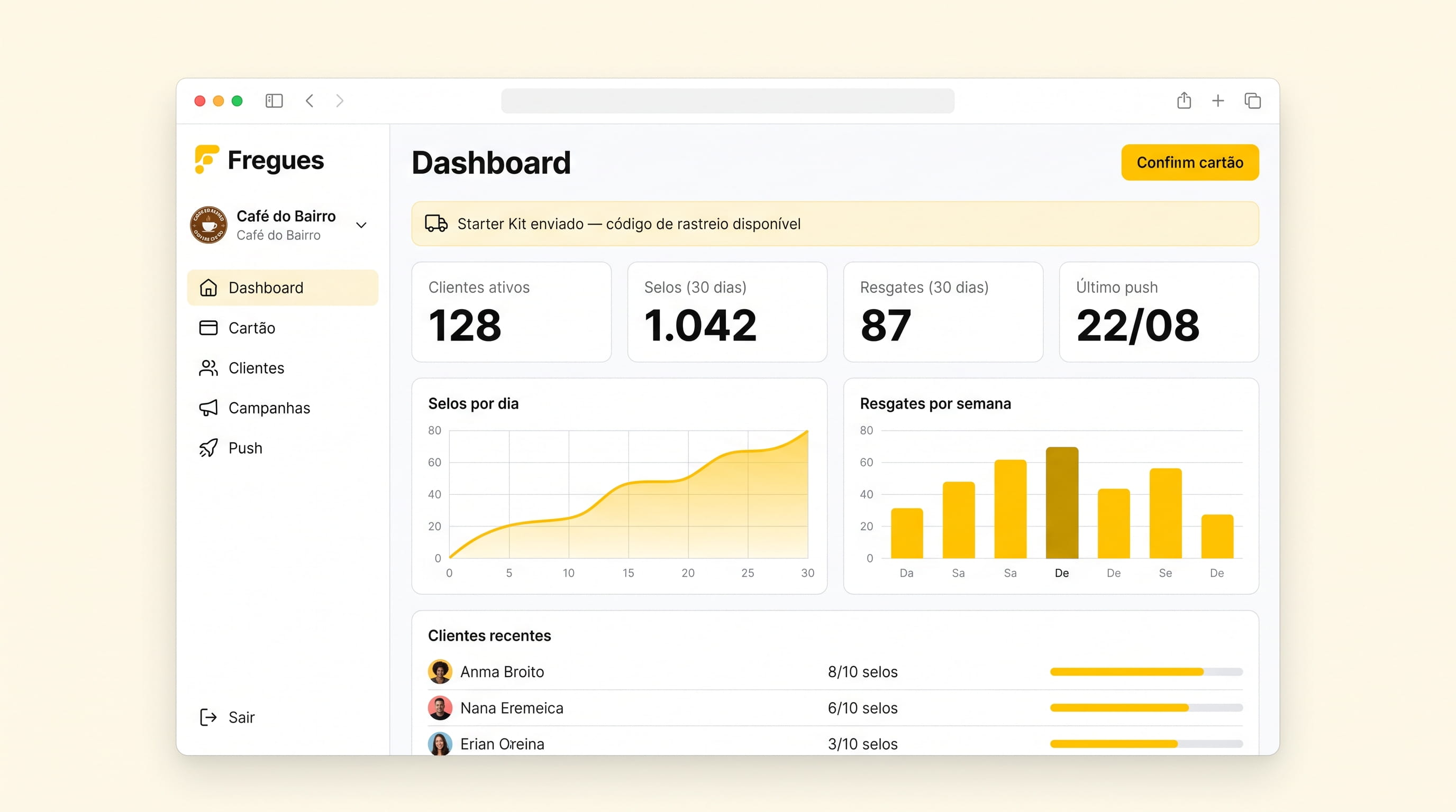 Painel do lojista do Freguês ao lado do app do cliente com o cartão de fidelidade