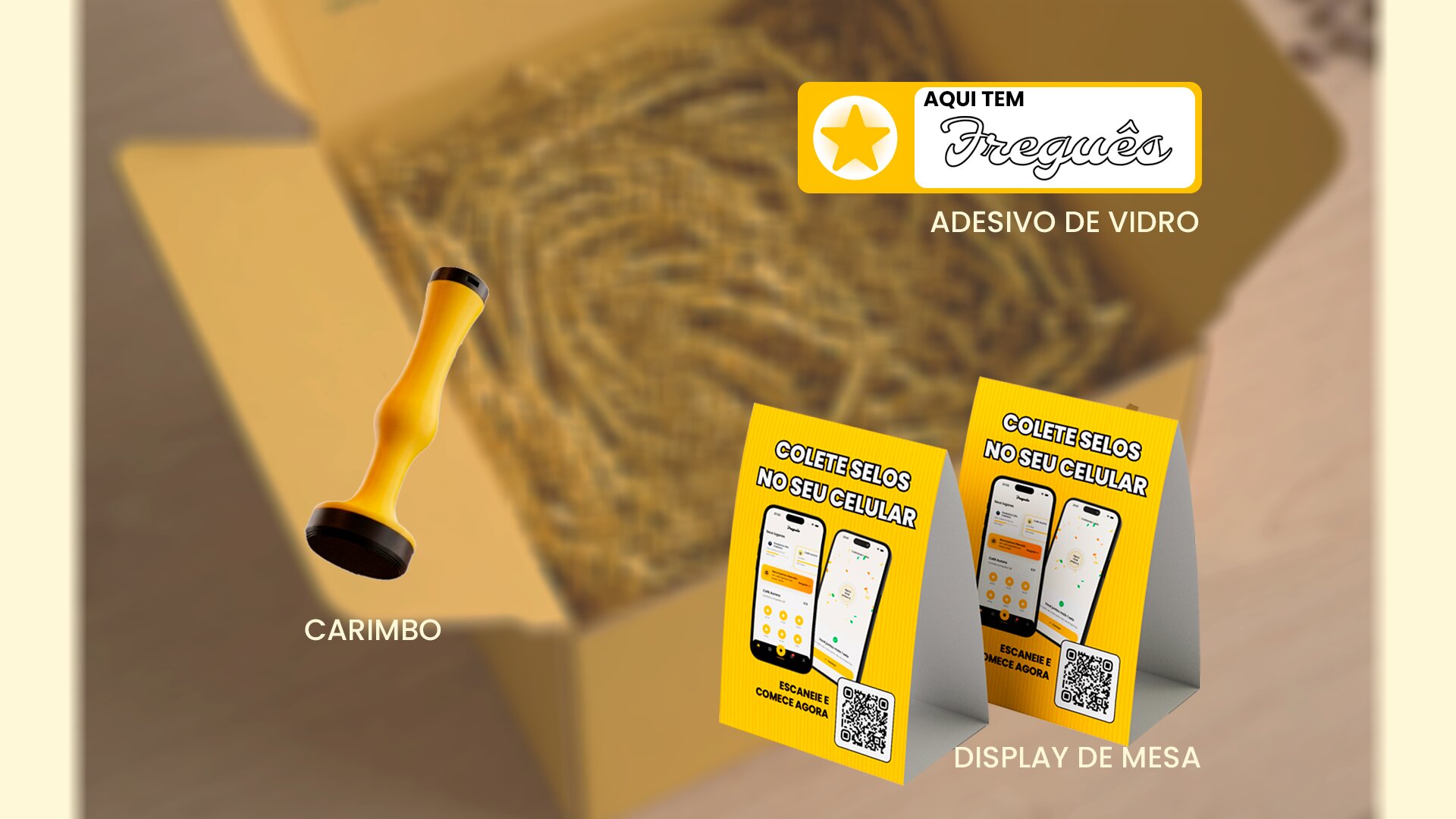 Starter Kit do Freguês: carimbo digital, adesivos e display de balcão
